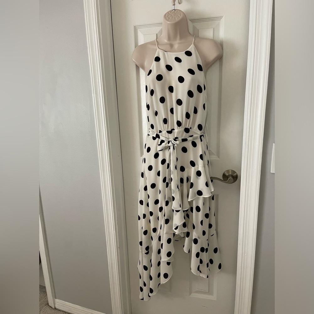 Cece Polka dot White/black asymmetrical midi dress in size 8